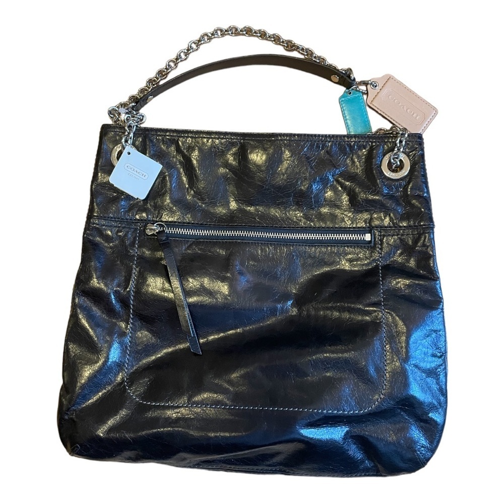 NWT Coach Black Crackled Leather Chain Tote